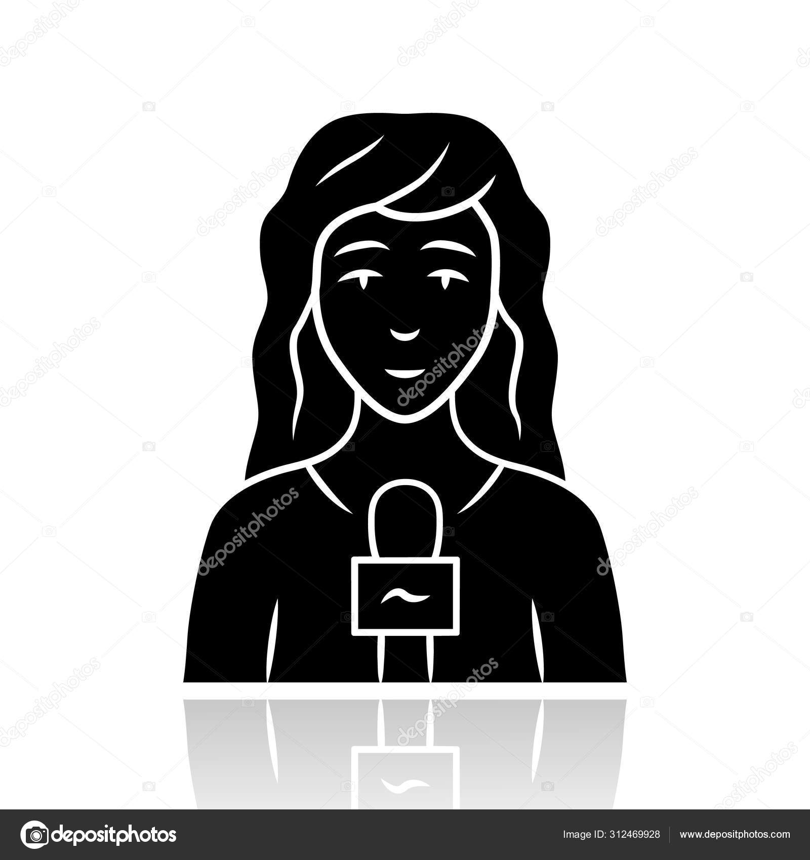 기자 여자가 블랙 글 리프 아이콘을 떨어뜨린다. TV 발표자, 마이크와 인터뷰. TV 진행자. 여자 기자 인터뷰. 뉴스 속보입니다.  단위벡터 일러스트 스톡 벡터 - ©IMG visuals icons 312469928, image size:1600x1700