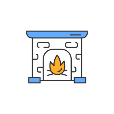 Şömine rengi simgesi. Ev ısıtması. İç mekan, mobilyalar klasik tarzda. Şömine rafı, şömine taşı, ev konforu, oda şöminesi. İzole vektör illüstrasyonu