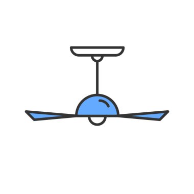 Tavan vantilatörü mavi renk ikonu. Pervaneli soğutma cihazı. Elektrikli vantilatör, klima. Sıcaklık ev aletlerini düzenliyor. İzole vektör illüstrasyonu