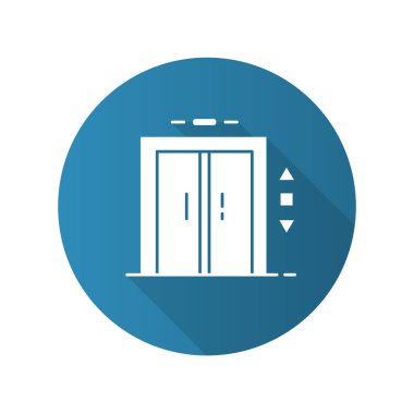 Asansör asansörü girişi mavi düz dizayn uzun gölge simgesi. Hızlı bir kat ulaşımı. Kullanışlı servis, teknik cihaz, çok katlı bina, otel konforu. Vektör silueti çizimi