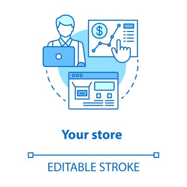 Dükkanınızın mavi konsept ikonu. Girişimcilik fikri ince çizgi çizimi. İnternet mağaza yönetimi. Dijital pazarlama. Başarılı bir iş. Vektör izole çizim. Düzenlenebilir vuruş