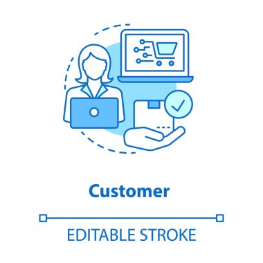 Müşteri mavisi konsept ikonu. Çevrimiçi alışveriş uygulaması fikri ince çizgi çizimi. Müşteri internet mağazasından mal seçip sipariş ediyor. Vektör izole çizim. Düzenlenebilir vuruş