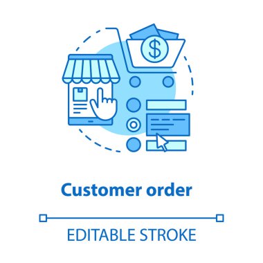 Müşteri mavi konsept ikonu sipariş ediyor. Çevrimiçi alışveriş uygulaması fikri ince çizgi çizimi. İnternet mağazasında ürün seçmek. Dijital pazarlama. Vektör izole çizim. Düzenlenebilir vuruş
