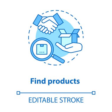 Ürün mavi konsept simgesi bul. Teslimat hizmeti fikri ince çizgi çizimi. Mallar aranıyor. İnternet mağazası. Müşteriye paket teslimatı. Vektör izole çizim. Düzenlenebilir vuruş
