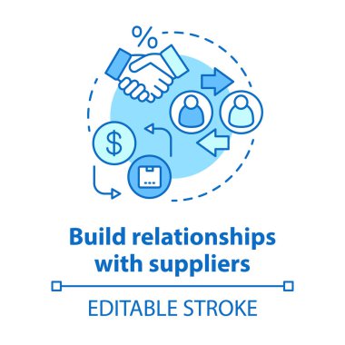 Tedarikçiler mavi konsept ikonu ile ilişkiler kurun. İş anlaşması fikri ince çizgi çizimi. Tedarik zinciri yönetimi. Şirketler işbirliği. Vektör izole çizim. Düzenlenebilir vuruş