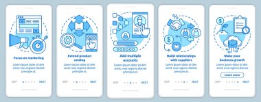 Doğrusal kavramları olan mobil uygulama sayfası ekranına mavi indiriliyor. Pazarlamaya odaklan, çoklu hesapları gözden geçirme adımları grafik talimatları ekle. Simgeli Ux, Ui, Gui vektör şablonu