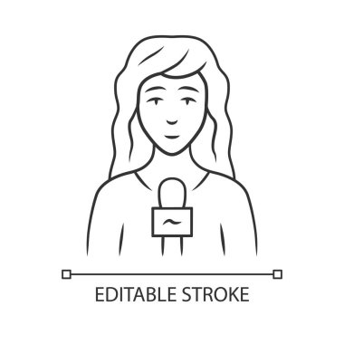 Gazeteci kadın doğrusal simgesi. TV sunucusu, mikrofonlu bir röportajcı. Kadın gazeteci röportaj yapıyor. İnce çizgili çizim. Contour sembolü. Vektör izole çizim. Düzenlenebilir vuruş