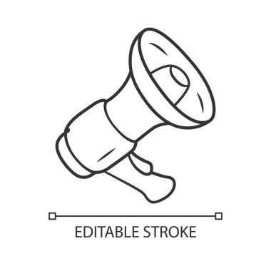 Ağız parçası doğrusal simgesi. Megafon, megafon, hoparlör. Son dakika haberi, duyuru sembolü. İnce çizgili çizim. Contour sembolü. Vektör izole çizim. Düzenlenebilir vuruş