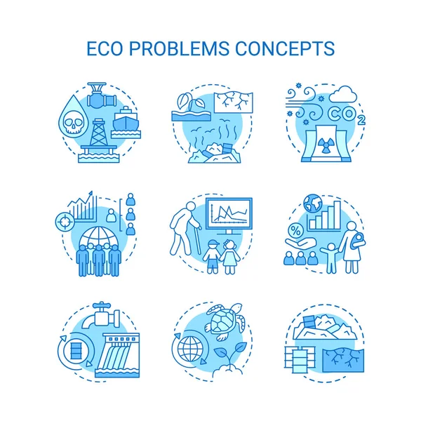 Eco problemen concept icons set. Ecologische ramp idee dunne lijn illustraties. Vervuiling van water, bodem & lucht. Overbevolking en biodiversiteit. Vector geïsoleerde overzichtstekeningen. Bewerkbare lijn — Stockvector