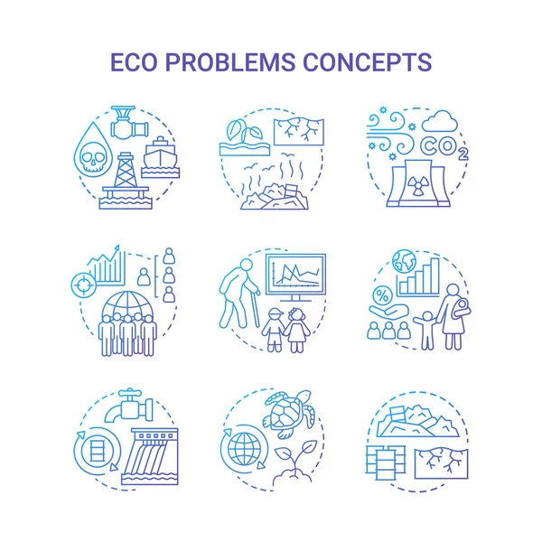 Conjunto de iconos de concepto de problemas ecológicos. Idea de desastre ecológico ilustraciones de línea delgada en azul. Contaminación del agua, suelo y aire. Sobrepoblación y biodiversidad. Dibujos de contorno aislados vectoriales — Archivo Imágenes Vectoriales