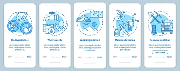 Problemas ambientales incorporando plantilla de vector de pantalla de página de aplicación móvil. La pérdida de biodiversidad. Pasos a través del sitio web con ilustraciones lineales. UX, interfaz de usuario, concepto de interfaz de teléfono inteligente GUI — Vector de stock