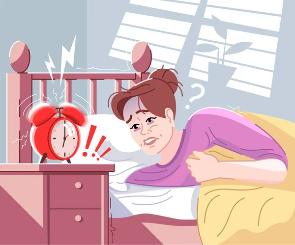 Πρωινή stress επίπεδη διανυσματική απεικόνιση. Νεαρή γυναίκα άργησε στη δουλειά. Κουρασμένη μητέρα ξαπλωμένη στο κρεβάτι και βλέποντας τον ήχο του ξυπνητήρι καρτούν χαρακτήρα. Εξαντλημένος που μισεί ξυπνάει νωρίς. — Διανυσματικό Αρχείο