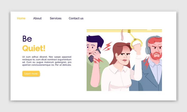 Seien Sie ruhig Zielseite Vektor-Vorlage. Alltagstress Website Schnittstelle Idee mit flachen Illustrationen. Gestaltung der Startseite im Berufsverkehr. Öffentliche Verkehrsmittel. Reizbarkeit Web-Banner, Webseite Cartoon-Konzept — Stockvektor