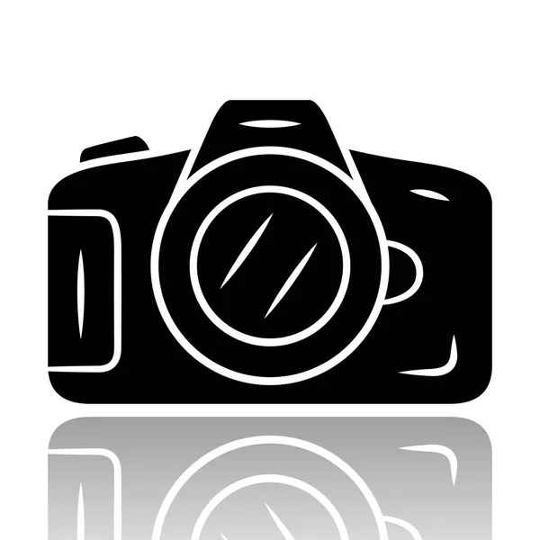 Photocamera drop shadow black glyph icon. professionelle Fotokamera. Schnappschüsse machen, Fotos machen. Fotoausrüstung. Fotograf, Reporter. isolierte Vektorabbildung — Stockvektor