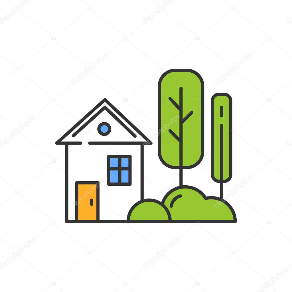 Small house with garden color icon. One storey village cottage and yard. Townhouse facade. Countryside house, townhome exterior. Isolated vector illustration