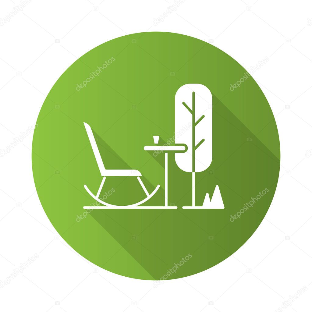 Outdoor space green flat design long shadow glyph icon. Rocking chair with table in garden. Patio furniture. Terrace outdoor furnishing for outside relax and leisure. Vector silhouette illustration