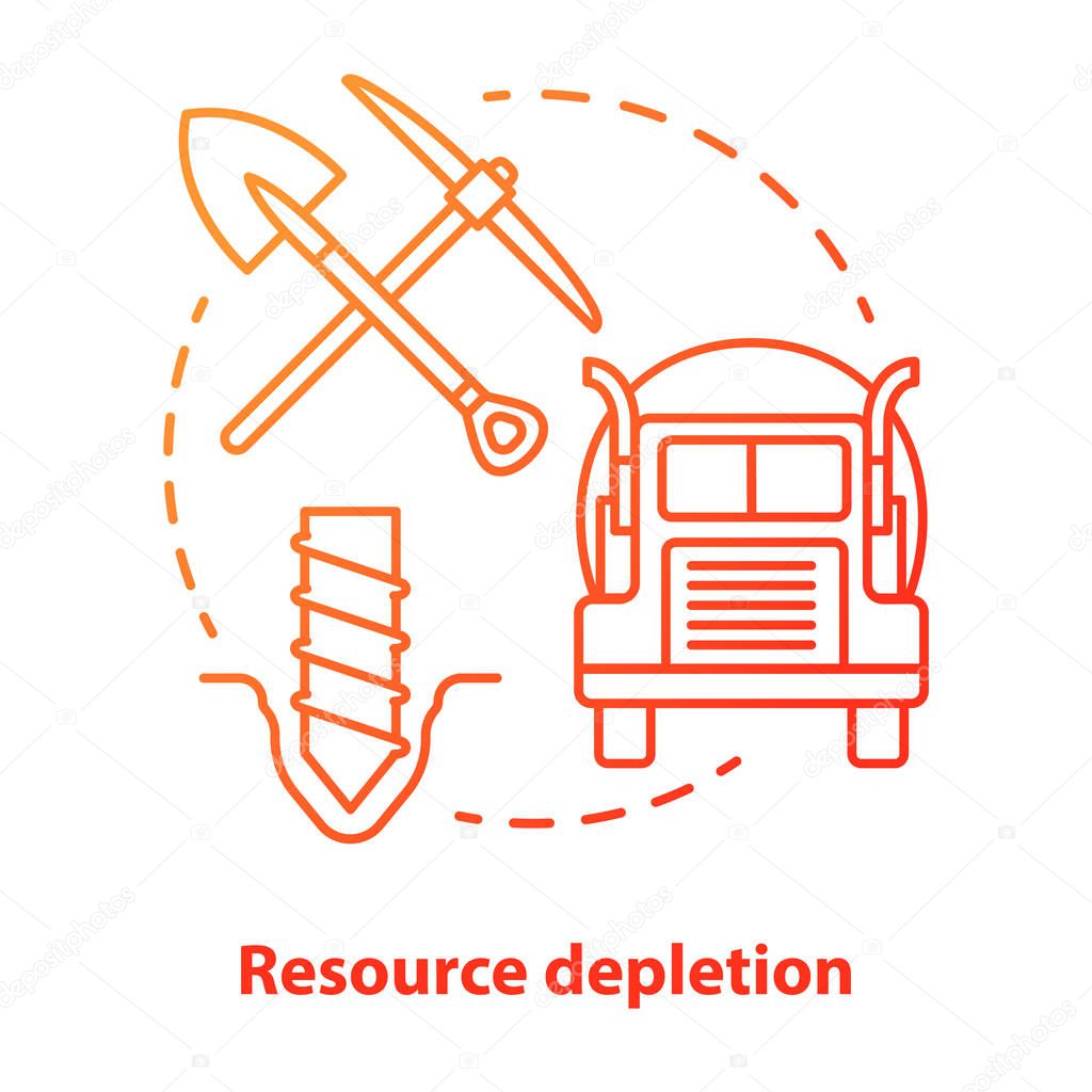 Resource depletion concept icon. Natural minerals exhaustion idea thin line illustration in red. Nonrenewable resources, extraction and consumption. Vector isolated outline drawing