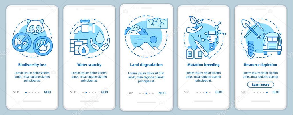 Environmental issues onboarding mobile app page screen vector template. Biodiversity loss. Walkthrough website steps with linear illustrations. UX, UI, GUI smartphone interface concept