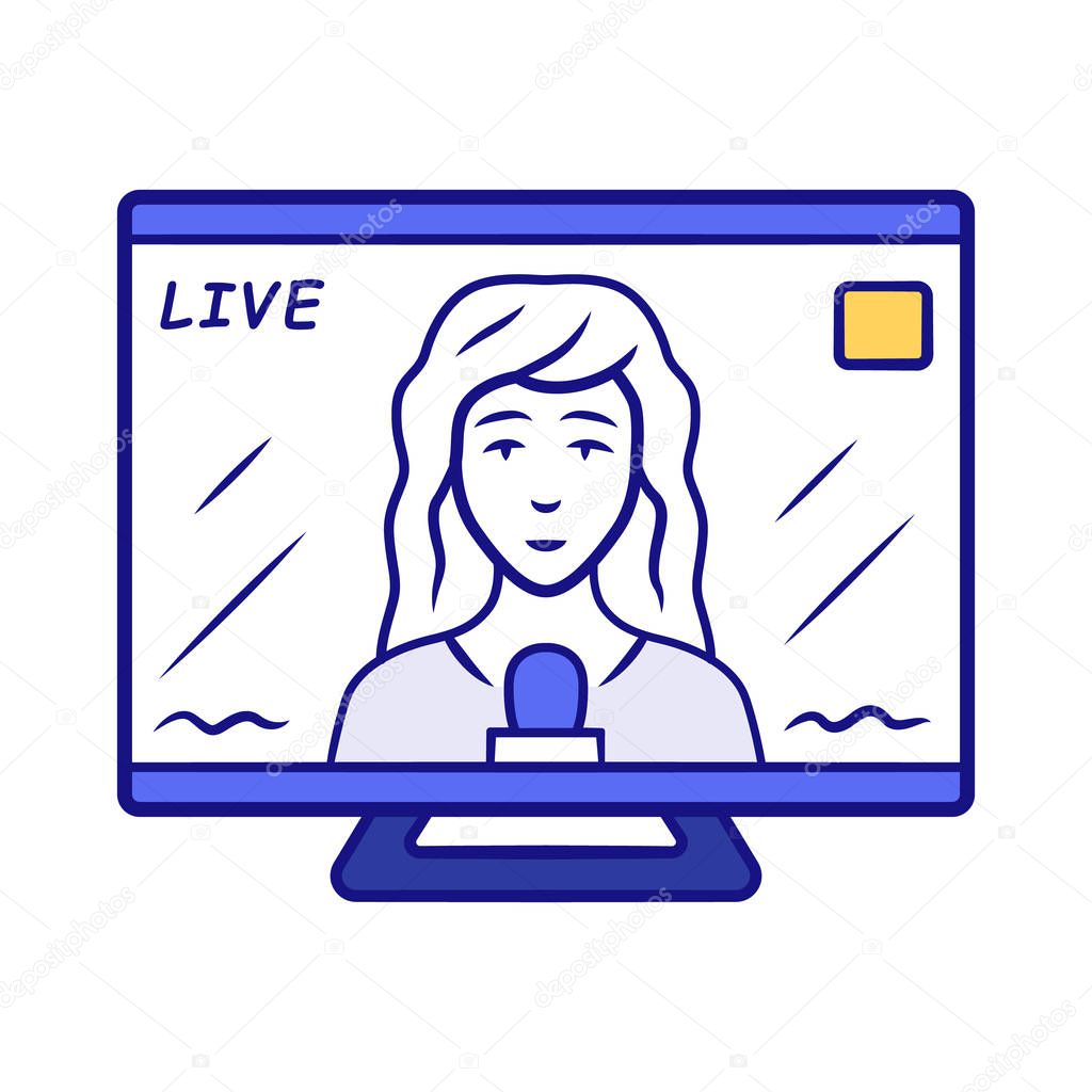 Reporter woman on TV blue color icon. Female journalist reporting breaking news live. Newscast. Newswoman on TV screen. Isolated vector illustration