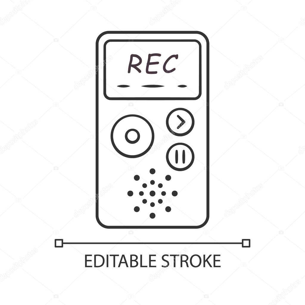 Dictaphone linear icon. Portable audio recorder. Device for recording interviews. Audio record of voice, music. Thin line illustration. Contour symbol. Vector isolated outline drawing. Editable stroke