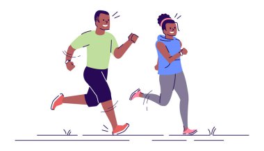 Erkek ve kadın düz vektör çizimi üzerinde çalışıyor. Spor aktivitesi. Koşan çift. Koşan Afrikalı Amerikalı erkek ve kız, beyaz arka planda ana hatlarıyla izole edilmiş çizgi film karakterleri.
