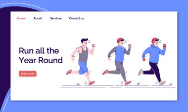 Tüm yıl boyunca iniş sayfası vektör şablonunu çalıştır. Spor eğitimi web sitesi arayüzü fikri düz çizimlerle. Açık havada anasayfa çalışması. Koşan adam web pankartı, web sayfası çizgi film konsepti