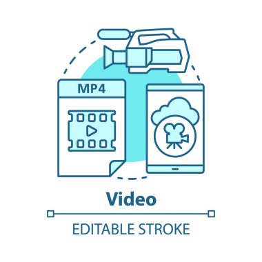 Video kavramı simgesi. Çekim film fikri ince çizgi illüstrasyon. Videoklipler, filmler, medya dosyaları. Video kaydı, film, video prodüksiyon ve film yapımı. Vektör yalıtılmış anahat çizimi. Kullanılabilir kontur