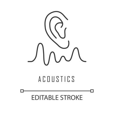 Acoustics linear icon. Sound transmission and hearing effect. Soundwave frequency, waveform generation. Thin line illustration. Contour symbol. Vector isolated outline drawing. Editable stroke clipart