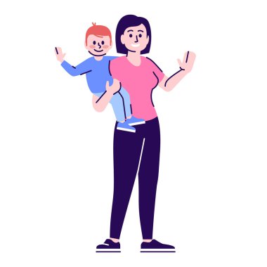 Dadı düz vektör karakteri. Bebek bakıcısı, anaokulu eğitimcisi çizgi film çizimi. Küçük oğlu olan genç bir anne beyaz arka planda izole edilmiş. Anne, anne. Bebek bakıcısı kucağında