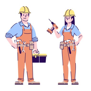 Carpenters düz vektör karakterleri. Tamirci, kadın inşaat işçileri, beyaz üzerine izole edilmiş karikatür çizimleri yapan tamirci. Ev bakımı ve tamirat işçileri.