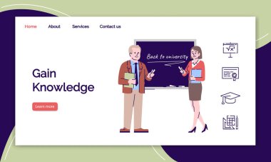 İniş sayfası şablonu al. Üniversite öğretim üyeleri ve profesörlerinin web sitesi düz çizimler ile arayüzü. Eğitim endüstrisinin ana sayfası. Web afişi, web sayfası çizgi film kavramı