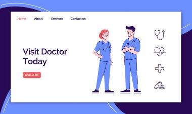 Doktor randevu sayfası vektör şablonu. Düz çizimlerle tıbbi danışma sitesi arayüzü. Tıp ve Sağlık Hizmetleri ana sayfasının taslağı. Web afişi, web sayfası çizgi film kavramı