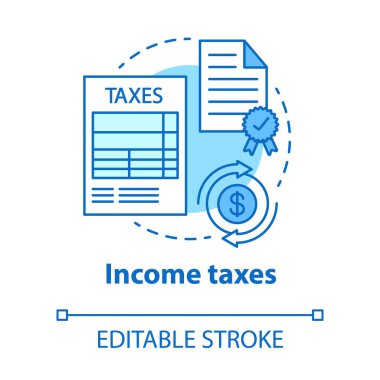 Gelir vergisi mavi konsept ikonu. İş ve bireysel gelir vergilendirme fikri ince çizgi çizimi. Dosyalama ve muhasebe gelir vergisi. Vektör izole çizim. Düzenlenebilir vuruş