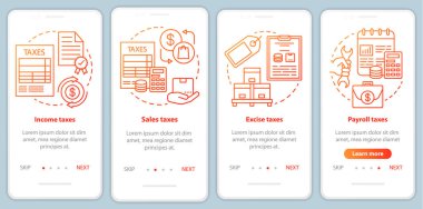 Biz Vergiler mobil uygulama sayfa vektör şablonu üzerinde kırmızı yazarız. Gelir, tüketim, maaş vergisi. Doğrusal çizimler içeren web sitesi adımları. Ux, Ui, Gui akıllı telefon arayüzü kavramı