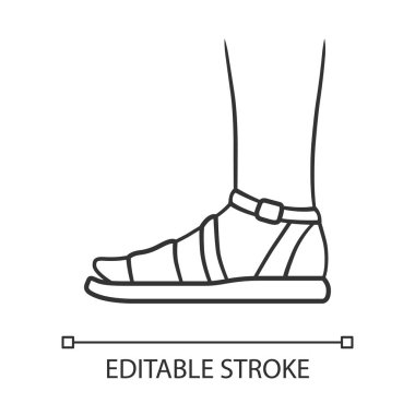 Sandals doğrusal simgesi. Kadın şık ayakkabı tasarımı. Sıradan kadın ayakkabıları, ayak bileği kayışlı, modern yaz ayakkabıları. İnce çizgili çizim. Düzenlenebilir felç. Contour sembolü. Vektör izole çizimi