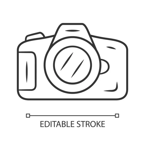 Photo camera linear icon. Professional photocamera. Making snapshots, taking pictures device. Thin line illustration. Contour symbol. Vector isolated outline drawing. Editable stroke — Stock Vector