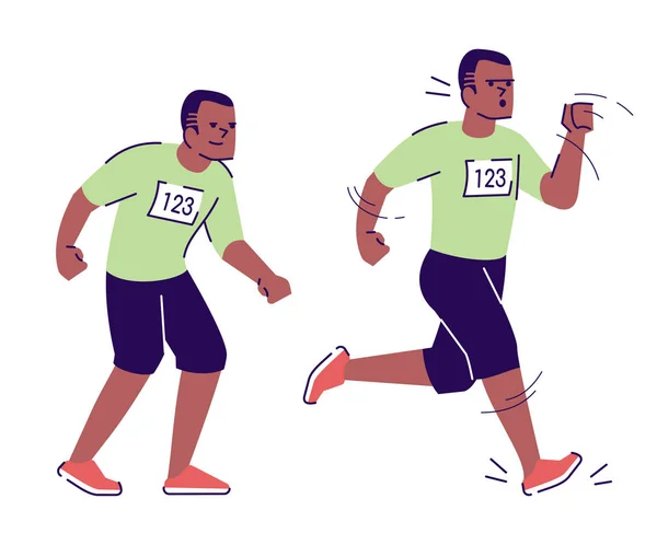 Képzett afro-amerikai férfi lapos vektor illusztráció. Álló, futó sportoló. Afrikai amerikai férfi maraton résztvevő elszigetelt rajzfilm karakter vázlatos elemek fehér háttér — Stock Vector