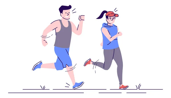 Jogging homem caucasiano e mulher ilustração vetorial plana. Actividade desportiva. Treino de maratona. Jovens correndo menino e menina personagens de desenhos animados isolados com elementos de contorno no fundo branco —  Vetores de Stock