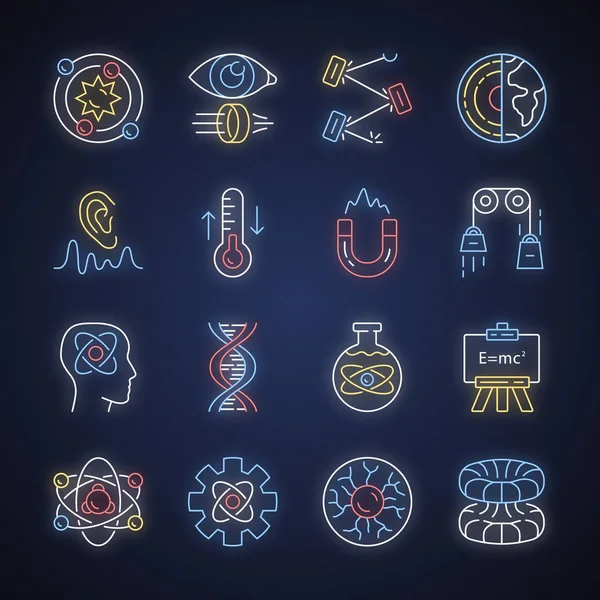 Physics branches neon light icons set. Physical processes and ph — Stock Vector