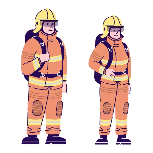 Bombeiros casal caracteres vetoriais planos. Bombeiro profissional e bombeiro em desenho animado uniforme de proteção ilustração com contorno. Bombeiros, socorristas isolados sobre fundo branco — Vetor de Stock