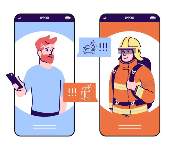 Schermo app per cartone animato per smartphone con chiamata di emergenza. Display per telefoni cellulari con design a caratteri piatti. Vigile del fuoco, soccorritore chiamata d'urgenza tramite interfaccia dell'applicazione telefonica. Illustrazione vettoriale — Vettoriale Stock