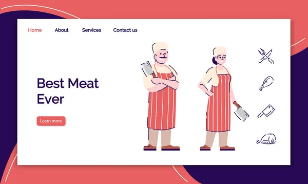 Mall för vektor för landningssida för färskt kött. Butchery webbplats gränssnitt idé med platta illustrationer. Slaktarens hemsida layout. Köttrestaurang web banner, webbsida tecknad koncept — Stock vektor