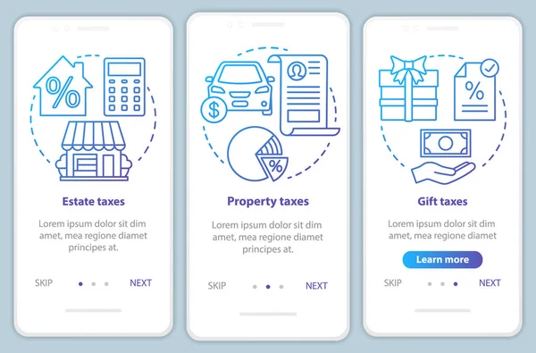 EE.UU. impuestos tipos azul onboarding pantalla de la página de la aplicación móvil con conceptos lineales. Estado, propiedad, impuesto de regalo guía a través de pasos instrucciones gráficas. UX, UI, plantilla de vector GUI con ilustraciones — Vector de stock