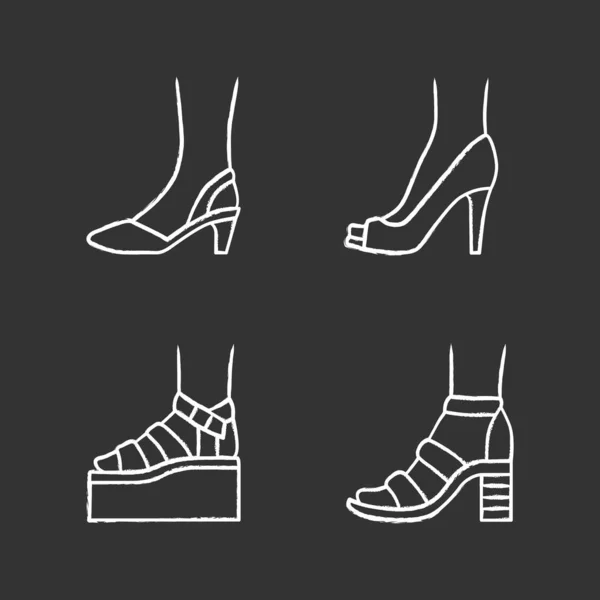 Women summer shoes chalk icons set. Female elegant formal and casual footwear. Stylish platform and block heel sandals. Fashionable spring season stilettos. Isolated vector chalkboard illustrations — Stock Vector