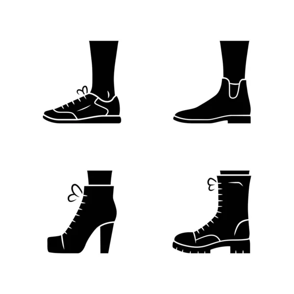 Women autumn shoes glyph icons set. Female formal and casual footwear. Stylish unisex trainers, lita. Spring, winter and fall season ankle boots. Silhouette symbols. Vector isolated illustration — 스톡 벡터