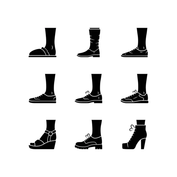 Women and men shoes glyph icons set. Female summer and autumn elegant footwear. Wedges, loafers and trainers. Winter and fall unisex boots. Silhouette symbols. Vector isolated illustration — Stock Vector