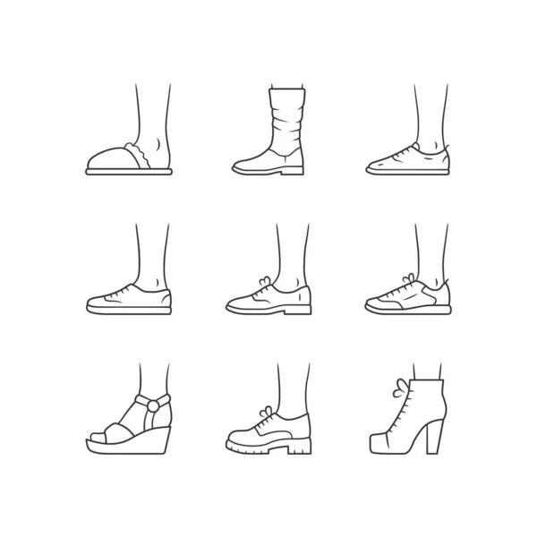 Women and men shoes linear icons set. Female summer and autumn elegant footwear. Wedges, loafers and trainers. Editable stroke. Thin line contour symbols. Isolated vector outline illustrations — Stock vektor