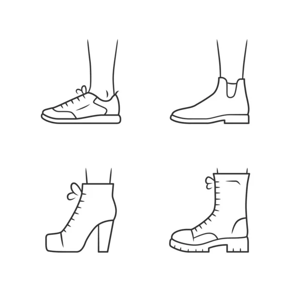Ženský podzimní podkovy jsou nastavené na lineární ikony. Ženská formální a neformální obuv. Stylové unisexuální trenéři, Lita. Kotníkové boty. Upravitelný tah. Symboly obrysů s tenkou čárou. Ilustrace izolovaných vektorových obrysů — Stockový vektor