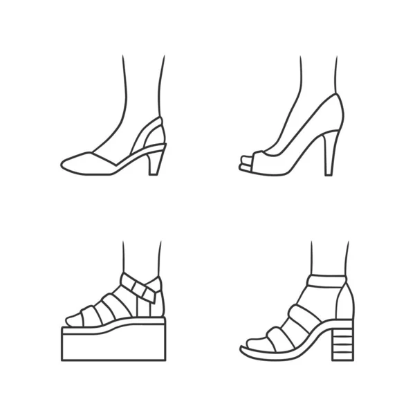 Kvinnor sommarskor linjära ikoner set. Kvinnliga eleganta formella och casual skor. Snygg plattform och sandaler. Redigerbar stroke. Tunna linjekontur symboler. Isolerade vektor kon tur illustrationer — Stock vektor