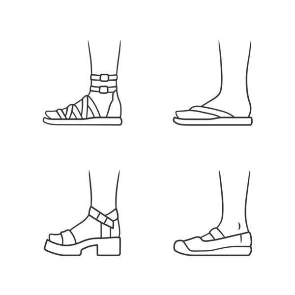 Nők nyári cipő lineáris ikonok készlet. Női elegáns formális és alkalmi lábbeli. Gladiátor szandál, peronmagassarkú. Szerkeszthető agyvérzés. Vékony vonalú kontúr szimbólumok. Elszigetelt vektor vázlatos illusztrációk — Stock Vector